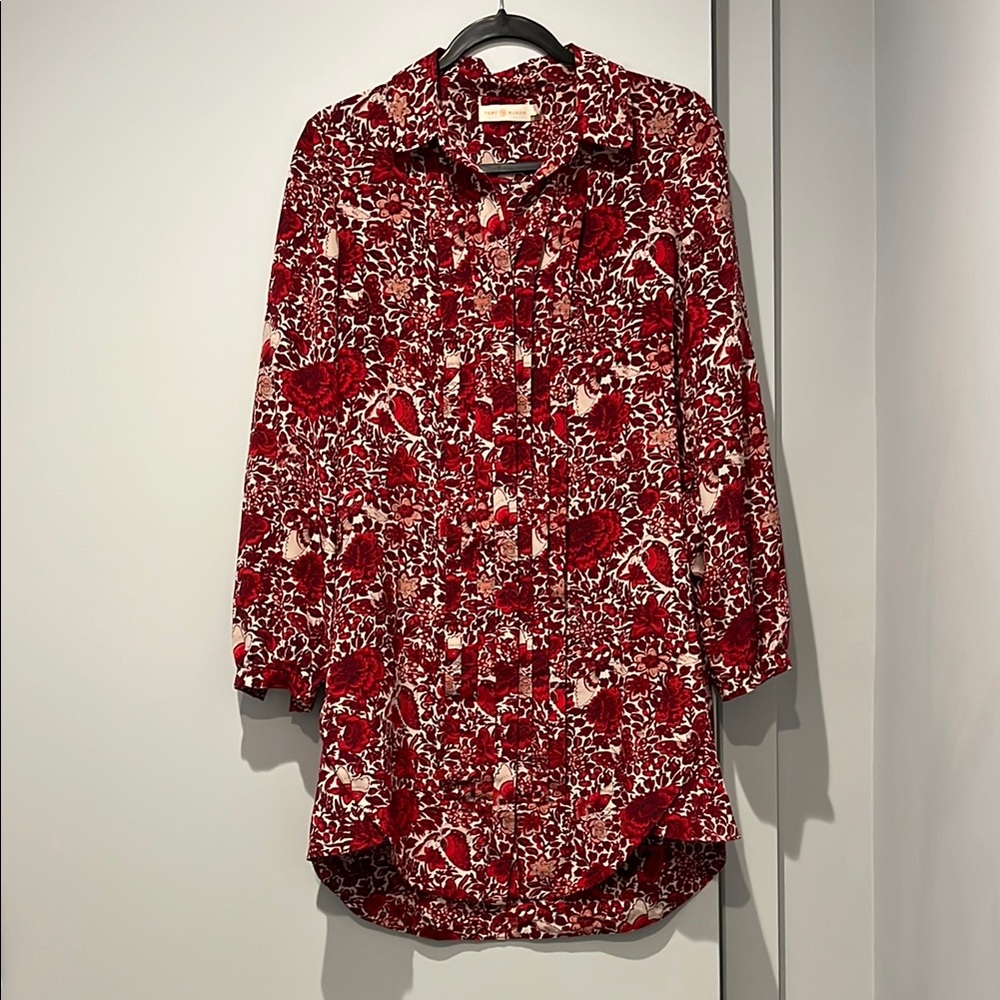 Red Floral Button-Down Shirt Dress